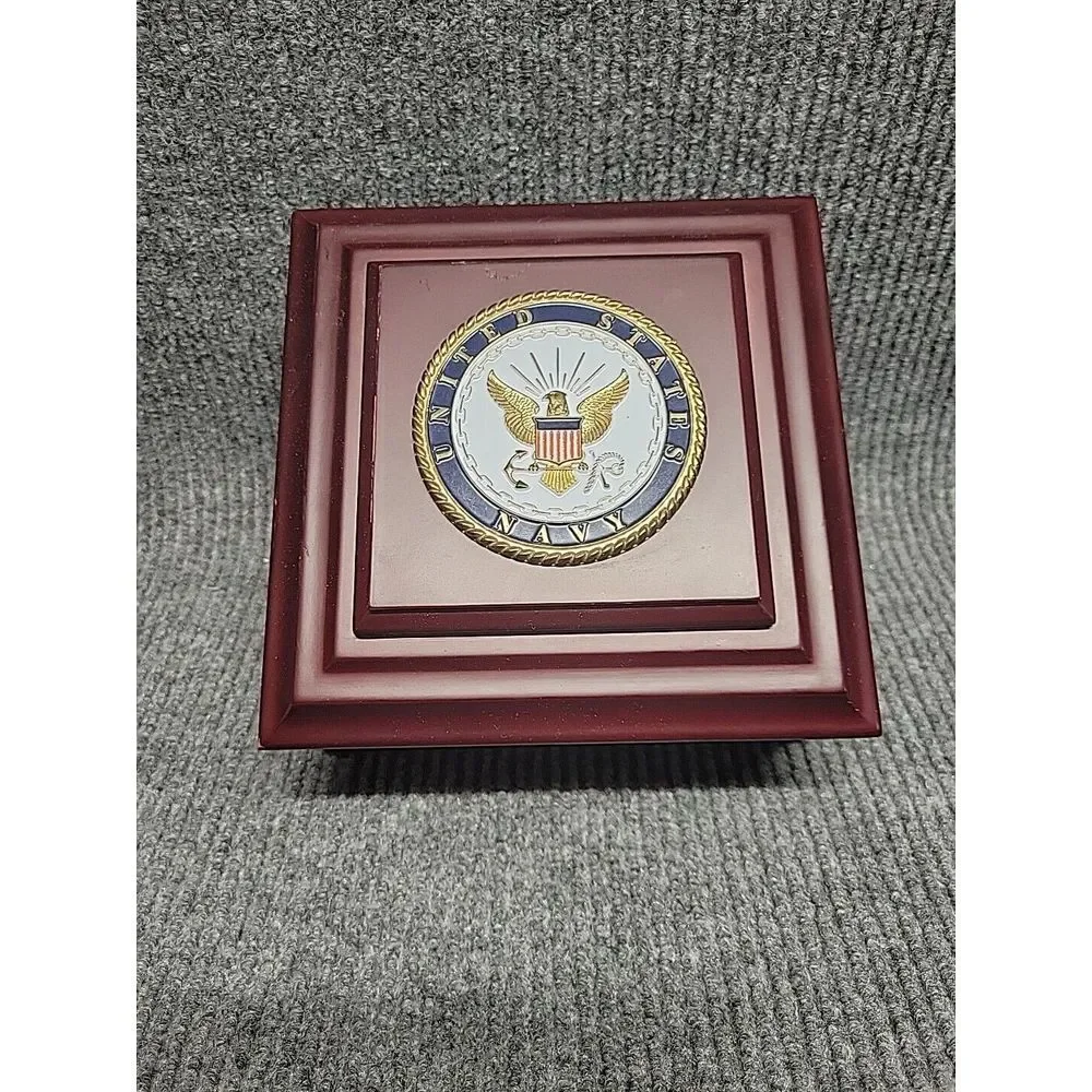 US Navy Wooden Keepsake Jewelry Box Mahogany Finish Military Medallion 8x8x4